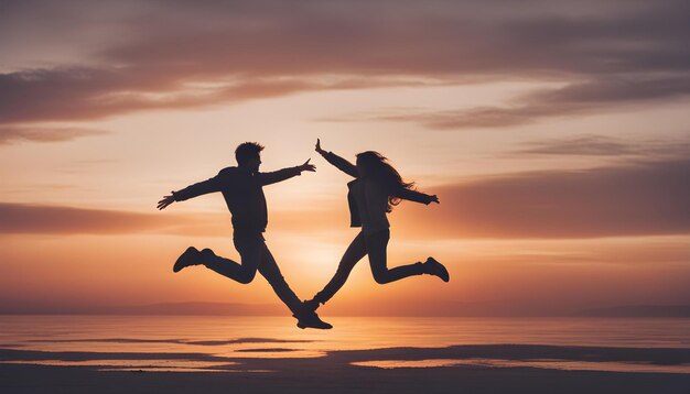 Foto um casal pulando no pôr do sol com o homem e a mulher pulando no ar