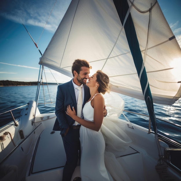Um casal recém-casado navegando em um veleiro em um dia ensolarado