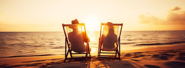 Um casal relaxa na espreguiçadeira na praia na ilustração generativa do banner do pôr do sol