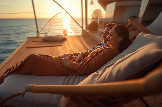 Um casal relaxando em um barco ao pôr do sol