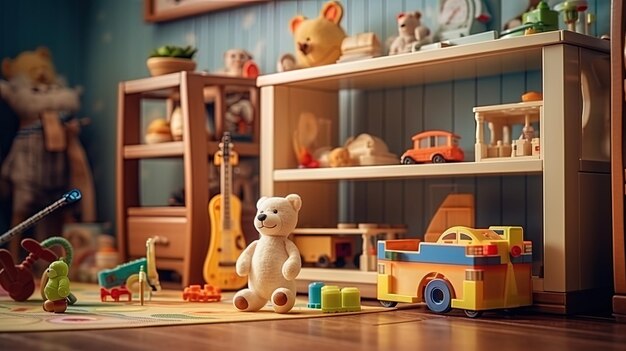 Um casal remove os brinquedos dobráveis da sala das crianças nas prateleiras