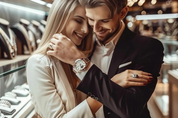 Foto um casal rico a fazer compras de luxo a admirar relógios de luxo numa boutique de jóias exclusiva.