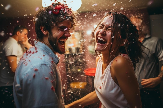 Um casal rindo e rindo em uma festa