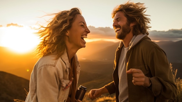 Um casal rindo enquanto assiste a um pôr do sol imagens de saúde mental ilustração fotorrealista