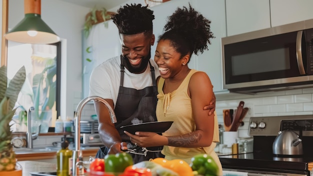 Um casal rindo juntos enquanto cozinha na cozinha