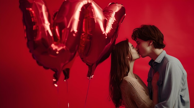 Um casal romântico a beijar-se debaixo de balões em forma de coração, uma imagem de amor e afeição em tons vermelhos, perfeita para temas do Dia dos Namorados.