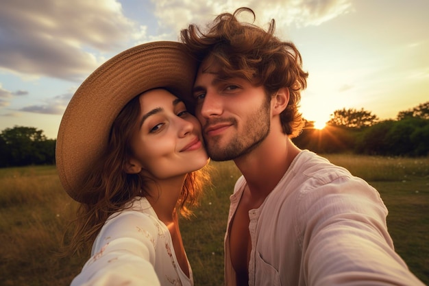 Foto um casal romântico a beijar-se no campo.