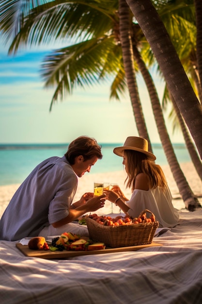 Um casal romântico a fazer um piquenique na praia.