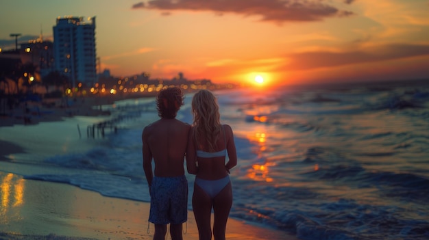 Um casal romântico a ver o pôr-do-sol numa praia tropical