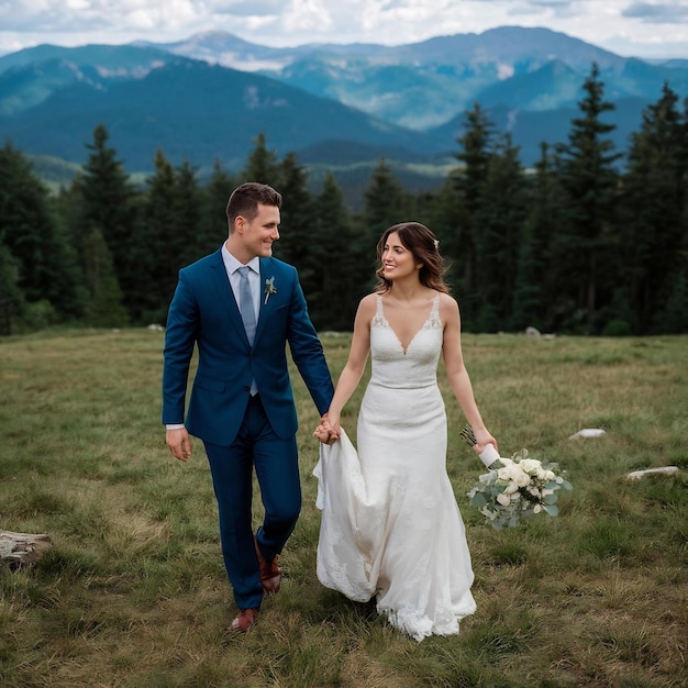 Um casal romântico apaixonado caminha pelas montanhas e pela floresta.