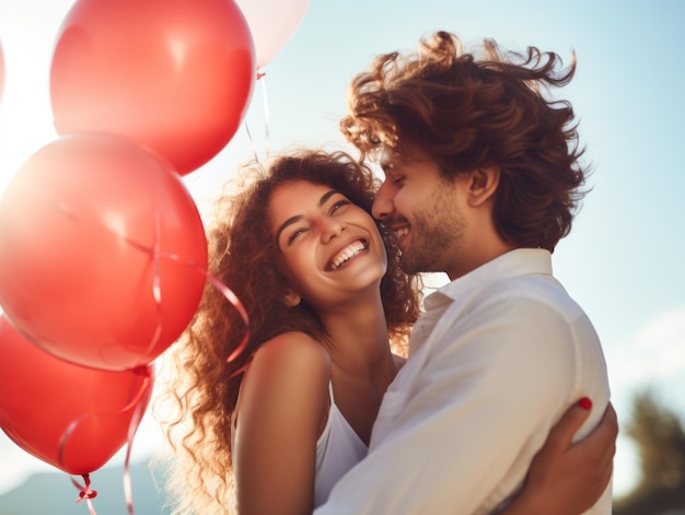 Foto um casal romântico feliz a brincar com balões vermelhos ao ar livre.