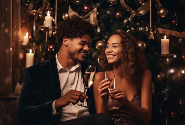 Um casal romântico na véspera de Ano Novo a brindar com champanhe vestindo um casaco preto e um vestido dourado.