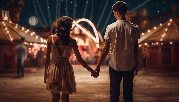 Um casal romântico no parque de diversões Um casal namorando à noite com luzes cintilantes na feira