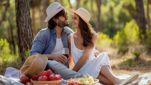 Um casal romântico sentado em um piquenique com frutas e vinho na floresta