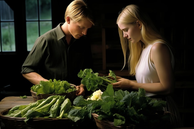 Um casal romântico sorridente preparando uma deliciosa refeição de vegetação juntos em sua cozinha aconchegante