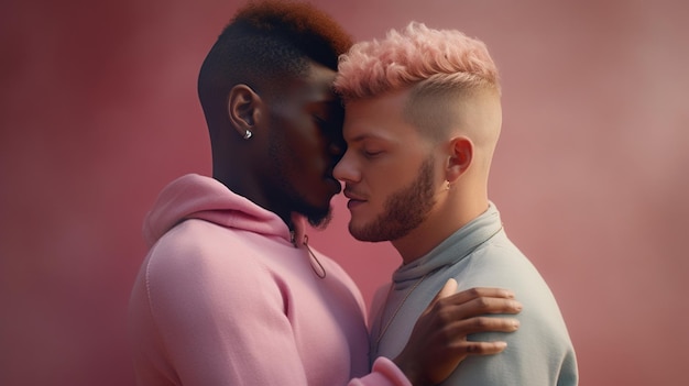 Um casal se abraça em frente a um fundo rosa