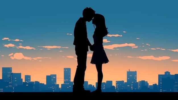 Um casal se abraça em frente a um horizonte
