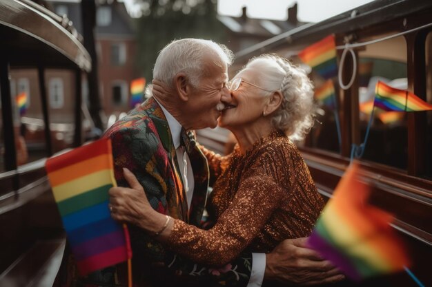 Um casal se abraça em frente a uma bandeira do arco-íris.