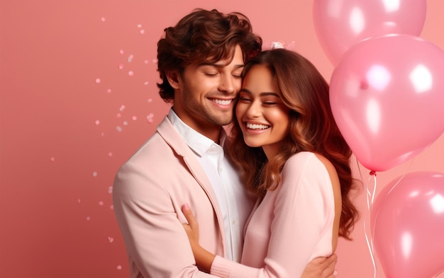 Foto um casal se abraça em rosa com balões rosa ao fundo.