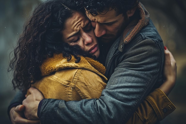 Foto um casal se abraçando com expressão triste estilo bokeh fundo