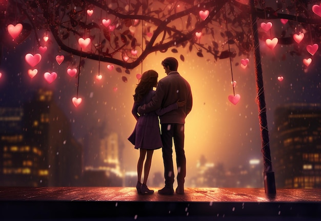 Um casal se abraçando na área do Dia dos Namorados iluminada pelo brilho quente de corações pendurados