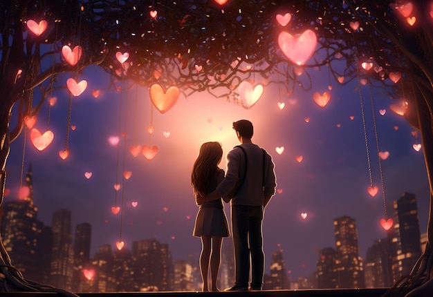 Um casal se abraçando na área do Dia dos Namorados iluminada pelo brilho quente de corações pendurados