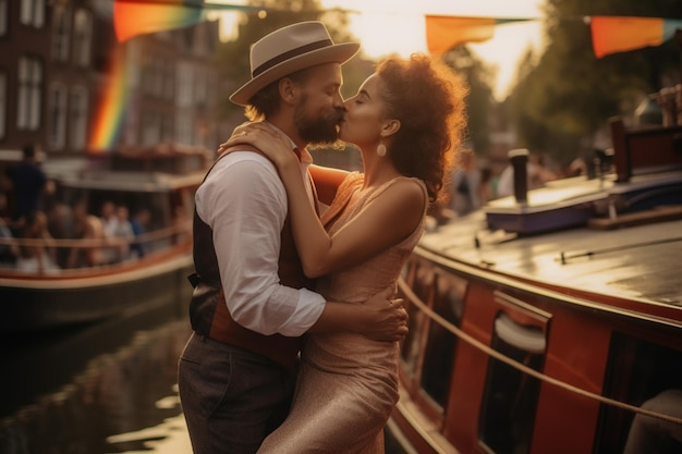 Um casal se beijando em um barco em Amsterdã