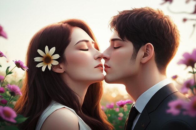 Um casal se beijando em um campo de flores