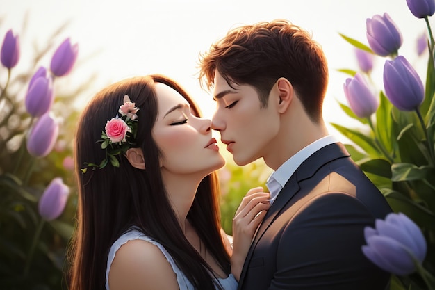 Um casal se beijando em um campo de flores