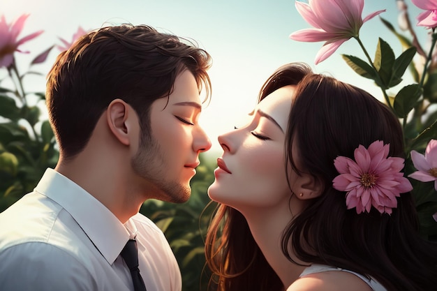 Um casal se beijando em um campo de flores