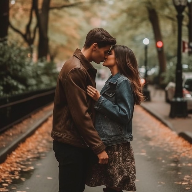 Um casal se beijando em uma rua na chuva