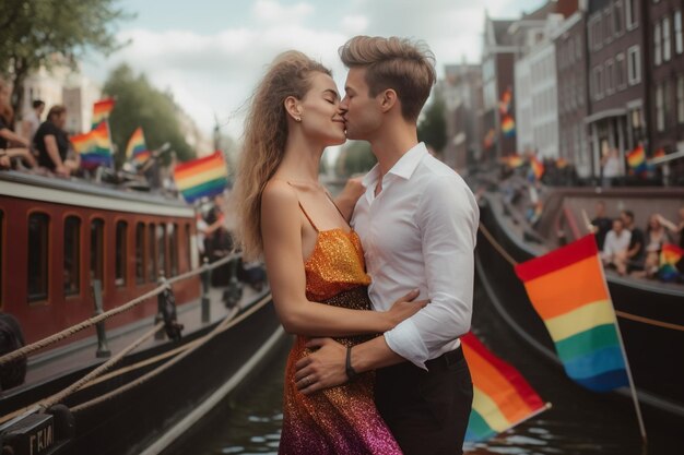 Um casal se beijando na frente de uma bandeira do orgulho do arco-íris