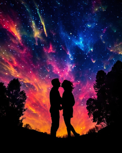 Um casal se beijando sob um céu estrelado com as palavras amor embaixo delas