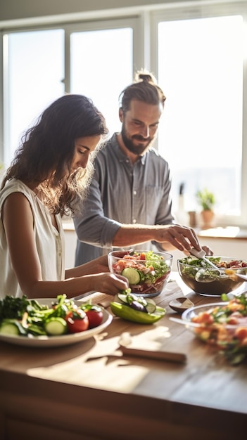 Um casal se conecta com uma refeição caseira saudável em uma cozinha moderna iluminada pelo sol