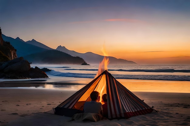 Um casal se senta em frente a uma barraca na praia ao pôr do sol.