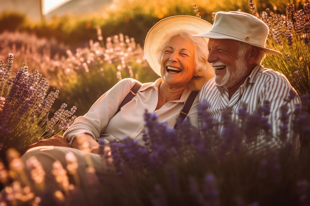 Um casal se senta em um campo de lavanda