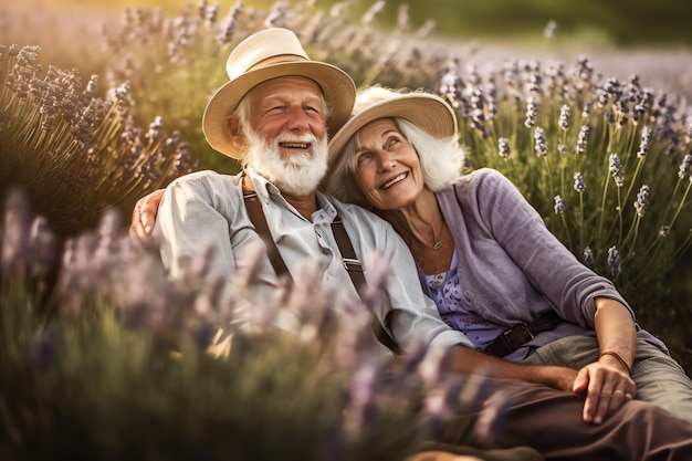 Um casal se senta em um campo de lavanda