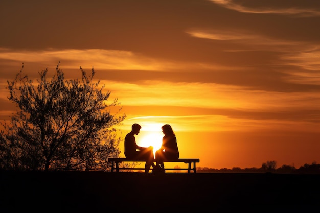 Um casal se senta em uma mesa de piquenique ao pôr do sol com o sol se pondo atrás deles