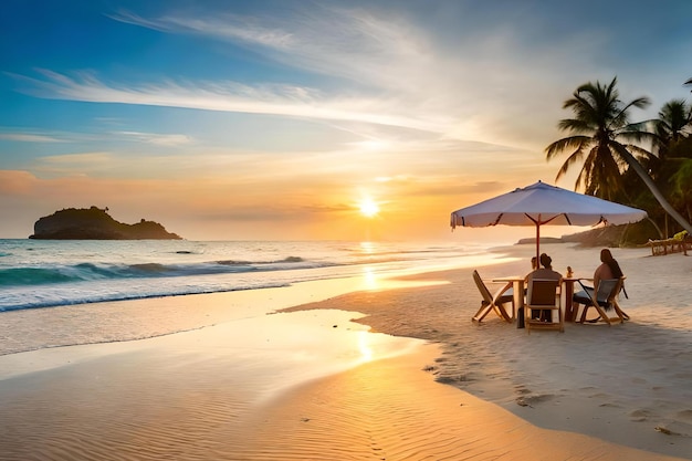 Um casal se senta em uma mesa em uma praia com um guarda-chuva que diz 'pôr do sol' nele