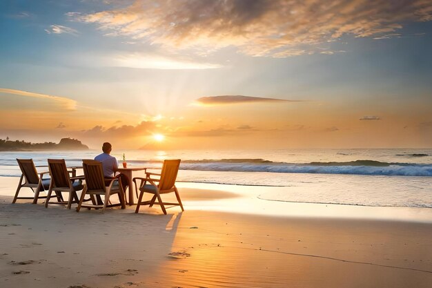 Um casal se senta em uma mesa em uma praia com um pôr do sol ao fundo