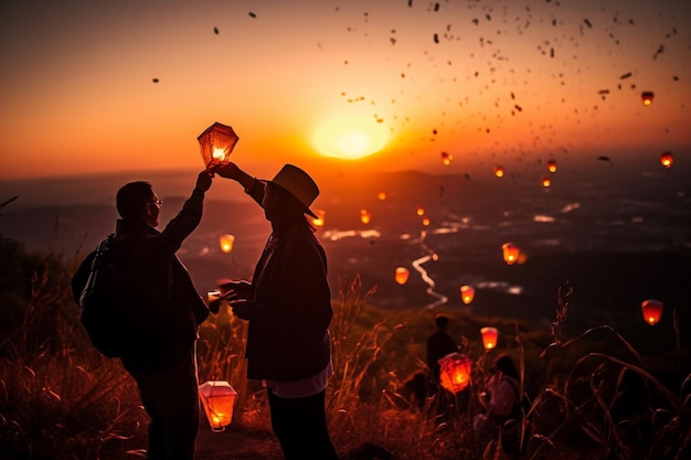 Um casal segurando lanternas ao pôr do sol com o sol se pondo atrás deles