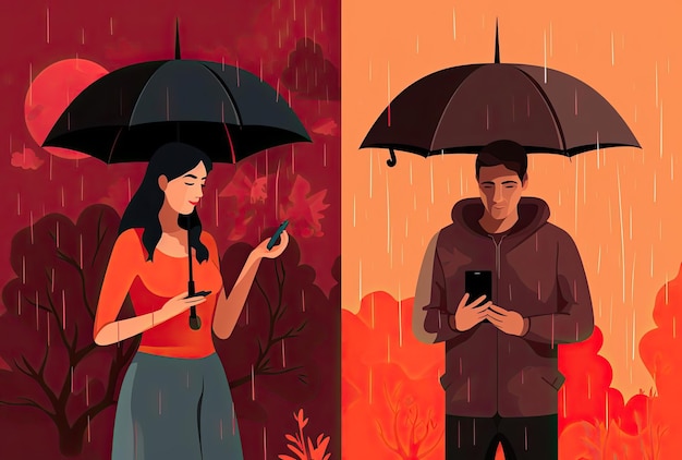 um casal segurando um guarda-chuva e em seu telefone no estilo de ilustração de fenômenos psicológicos