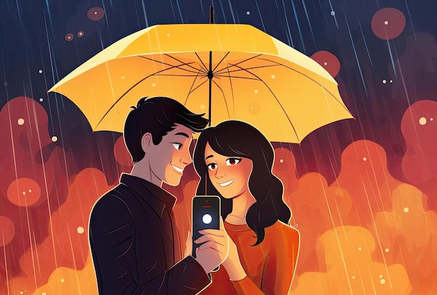 um casal segurando um guarda-chuva sobre um telefone celular na chuva no estilo de fenômenos psicológicos