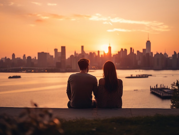 um casal senta em um píer e olha o horizonte da cidade