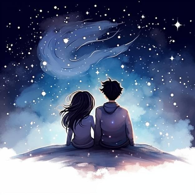 Um casal senta-se juntos a olhar para a noite estrelada imensamente romântica