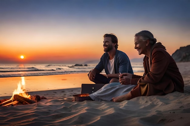 Um casal senta-se na praia e olha o pôr do sol.