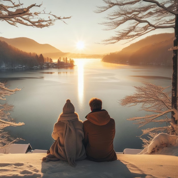 Um casal sentado a ver o nascer do sol.