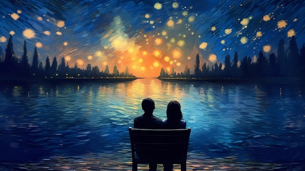 Um casal sentado em um banco olhando para o céu noturno com as palavras vaga-lumes.