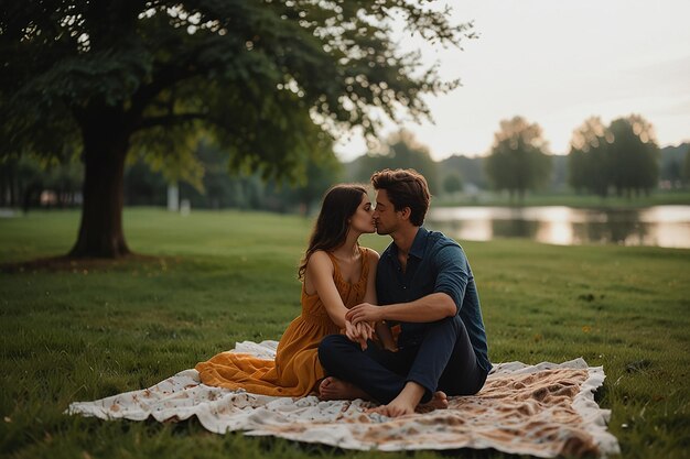 Foto um casal sentado em um cobertor ao lado de um lago no outono