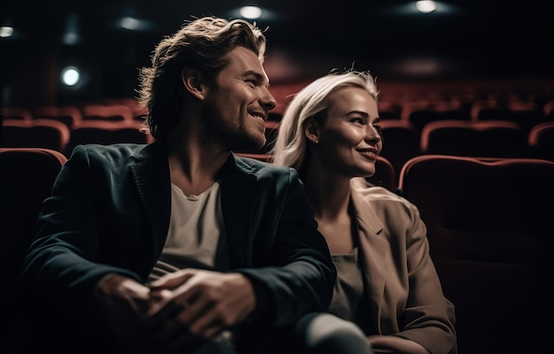 Um casal sentado em um teatro e olhando um para o outro